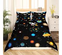 Homemissing Universe Planet Printed Housse de Couette Fusée Spatiale Parure de Lit 220x240cm Decor Galaxie Constellation Ciel étoilé Parure Housse de Couette Cosmos Themed 3Pcs