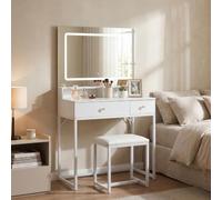HomeMiYN Coiffeuse avec Miroir et Tabouret avec Éclairage LED et Prise | Coiffeuse Moderne Blanche avec Miroir LED 3 Couleurs Dimmable, 2 Tiroirs, Panneau en Bois Composite, 80 × 40 × 140 cm