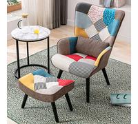 HomeMiYN Fauteuil Patchwork avec Repose Pied, Scandinave avec Support Lombaire, Tissu Lin, Fauteuil et Chaises pour Salon, Coin Lecture, Balcon, Capacité de Charge 150 kg, Marron