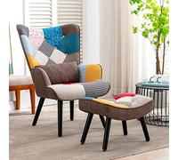 HomeMiYN Fauteuil Salon Patchwork avec Repose Pieds en Tissu Lin Multicouleur, Scandinave en Bois Massif avec Support Lombaire, Chaise d'appoint Confortable, Imitation Lin (Marron Patchwork)