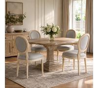 HomeMiYN Lot de 4 Chaises de Salle à Manger, Chaises Médaillon en Bois | Tissu Lin Gris Style Louis XVI Français, Dossier Ovale et Assise Rembourrée pour Salon Cuisine Restaurant