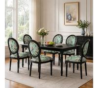 HomeMiYN Lot de 6 Chaises de Salle à Manger, Chaises Médaillon en Bois | Tissu Lin Vert Style Louis XVI Français, Dossier Ovale et Assise Rembourrée pour Salon Cuisine Restaurant