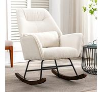 HomeMiYN Rétro Fauteuil à Bascule en Laine d'agneau Fauteuil en Laine Moderne, Chaise Berçante Confortable,Chaise à Bascule avec Pieds en Bois Massif pour Salon, Chambre, Balcon (White)