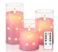 Homemory Lot de 3 bougies sans flamme vacillante rose avec guirlande lumineuse, à piles intégrées, bougies en verre incassables avec télécommande