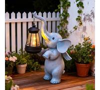 Homeponnew Charmante lanterne éléphant à énergie solaire - Décoration de jardin en résine avec lumière LED chaude - 33 cm de haut - Gris - Pour pelouse, terrasse et cour