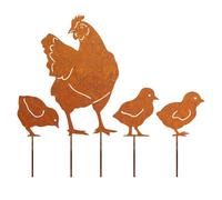 Homeponnew Lot de 4 piquets de jardin en forme de poule rouillée - Décoration de pelouse en fer forgé pour cour extérieure, pot de fleurs et herbe Décoration de sol 4 poules