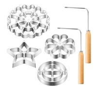 Homeponnew Lot de 6 moules à rosace en fer avec poignée pour bunuelos, gaufres, biscuits et gâteaux, 4 formes, en alliage d'aluminium et en bois