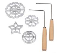 Homeponnew Lot de 6 moules à rosace en fer avec poignées en bois de 24 cm, 4 tampons de cuisine Bunuelos, outils de cuisson robustes en alliage d'aluminium pour gaufres, biscuits, gâteaux