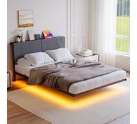 HOMERECOMMEND Lit 120 x 200 cm, effet visuel flottant, cadre de lit double avec éclairage LED et station de charge, cadre double avec espace de rangement, tête de lit et sommier à lattes, tête de lit