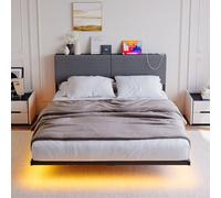 HOMERECOMMEND Lit double 140 x 200 cm, effet visuel flottant, avec éclairage LED, cadre double, 140 x 200 cm, avec espace de rangement, tête de lit et sommier à lattes, tête de lit haute, gris foncé