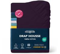 HOMEROKK Drap Housse 160 x 200 x 27+ cm - 100% Coton 57 Fils/cm² - Bonnet Profond pour Matelas Épais - Prune