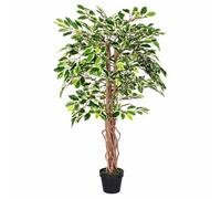 HOMESCAPES Arbre Artificiel Ficus Benjamina, Plante d’intérieur Figuier pleureur en Pot, avec Tronc en Bois véritable, Feuilles panachées 120 cm, Décoration de la Maison et du Bureau