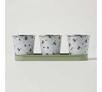 HOMESCAPES Cache-pots avec plateau à motif abeilles, Pots de fleurs en zinc, Lot de 3