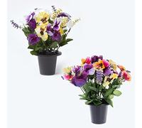 HOMESCAPES Composition florale pensées et roses artificielles, 30 cm, Lot de 2 plantes artificielles