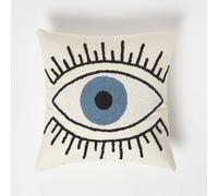 HOMESCAPES Coussin Blanc à œil Bleu en Coton, Coussin 45x45 cm, Coussin tufté décoratif