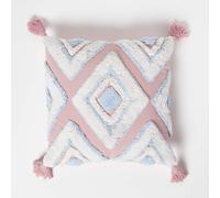 HOMESCAPES Coussin Ikat Rose et Bleu en Coton, Coussin 45x45 cm, Coussin tufté à Pompons