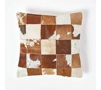 HOMESCAPES Coussin Patchwork en Peau véritable Petits Carreaux 45 x 45 cm