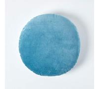 HOMESCAPES Coussin Rond 40 cm en Velours Pur Coton Doux uni Bleu, décoration canapé ou Fauteuil