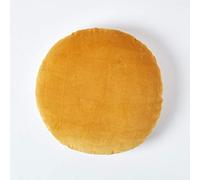 HOMESCAPES Coussin Rond 40 cm en Velours Pur Coton Doux uni Jaune Moutarde, décoration canapé ou Fauteuil