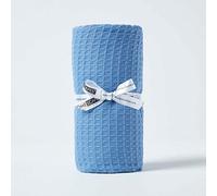 HOMESCAPES Couverture en coton Bio - Bleu, Plaid nid d’abeille 125 x 150 cm