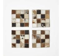HOMESCAPES Dessous de Verre en Peau véritable à Carreaux Marron, Lot de 4 sous Verre en Cuir, Décoration de Table Originale et Naturelle