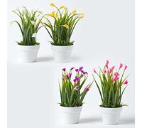 HOMESCAPES Fleurs artificielles Calla Lily, Lot de 4, plantes Arum artificiels en pot blanc, 25 cm, pour la décoration du salon, chambre ou bureau