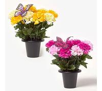 HOMESCAPES Fleurs artificielles Œillets, Composition florale artificielle en pot noir, fleurs artificielles cimetière, 30 cm, Lot de 2