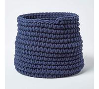 HOMESCAPES Grand Panier de Rangement Rond tressé en Tricot Bleu Marine 100% Coton - 42 x 37 cm