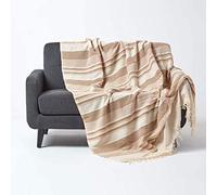 HOMESCAPES Jeté de lit/Jeté de canapé Beige à Rayures de 150 x 200 cm en Pur Coton appartenant à la Collection Stripes
