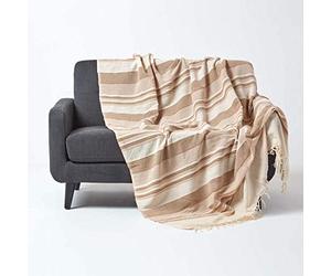 HOMESCAPES Jeté de lit/Jeté de canapé Beige à Rayures de 255 x 360 cm en Pur Coton appartenant à la Collection Stripes
