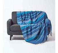HOMESCAPES Jeté de lit/Jeté de canapé Bleu à Rayures de 150 x 200 cm en Pur Coton appartenant à la Collection Stripes