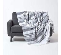 HOMESCAPES Jeté de lit/Jeté de canapé Gris et Blanc à Rayures de 225 x 255 cm en Pur Coton appartenant à la Collection Stripes