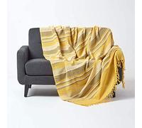 HOMESCAPES Jeté de lit/Jeté de canapé Jaune à Rayures de 230 x 255 cm en Pur Coton appartenant à la Collection Stripes