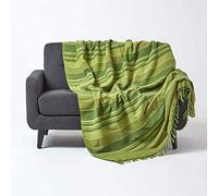 HOMESCAPES Jeté de lit/Jeté de canapé Vert à Rayures de 150 x 200 cm en Pur Coton appartenant à la Collection Stripes
