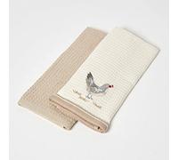 HOMESCAPES Lot de 2 torchons nid d’Abeille en Coton Beige, Linge de Table et de Cuisine brodé Coq