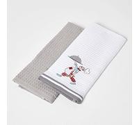 HOMESCAPES Lot de 2 torchons nid d’Abeille en Coton Gris, Linge de Table et de Cuisine brodé Chef
