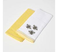 HOMESCAPES Lot de 2 torchons nid d’Abeille en Coton Jaune, Linge de Table et de Cuisine brodé Abeilles