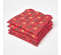 HOMESCAPES Lot de 4 coussins d'assise 100% coton, 40 x 40 cm, motif renne de Noël rouge