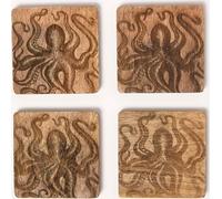 HOMESCAPES Lot de 4 dessous de verre en bois avec motif de pieuvre, 10 x 10 cm
