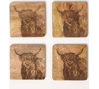 HOMESCAPES Lot de 4 sous-verres en bois 10 x 10 cm, motif : Bœuf des Highlands écossais