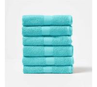 HOMESCAPES Lot de 6 Serviettes de Toilette en 100% Coton Turc - Ultra Doux et Absorbant - 500 g/m² - Bleu Aqua - 50 x 90 cm