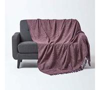 HOMESCAPES Nirvana Jeté de lit ou de canapé avec Frange Nouée à la Main de 150 x 200 cm 100% en Pur Coton Mauve