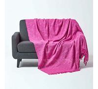 HOMESCAPES Nirvana Jeté de lit ou de canapé avec Frange Nouée à la Main de 150 x 200 cm 100% en Pur Coton Rose