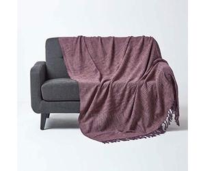 HOMESCAPES Nirvana Jeté de lit ou de canapé avec Frange Nouée à la Main de 225 x 255 cm 100% en Pur Coton Mauve