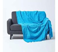 HOMESCAPES Nirvana Jeté de lit ou de canapé avec Frange Nouée à la Main de 255 x 360 cm 100% en Pur Coton Turquoise