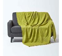 HOMESCAPES Nirvana Jeté de lit ou de canapé avec Frange Nouée à la Main de 255 x 360 cm 100% en Pur Coton Vert Clair