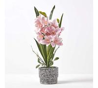 HOMESCAPES Orchidée Artificielle Rose en Pot foncé en Ciment, Fleurs artificielles déco 58 cm