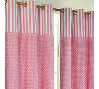 HOMESCAPES - Paire de Rideaux à œillets 100% Coton - Rayures Rose et Pois Blanc - Prêt à Poser 137 x 228 cm