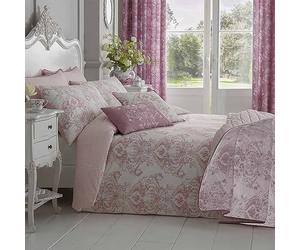 HOMESCAPES Parure de lit Housse de Couette + Taie d'oreiller Rose Effet « Toile de Jouy » en Polycoton, 260 x 220 cm