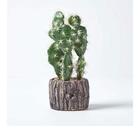 HOMESCAPES Petit Cactus Artificiel Figuier de Barbarie en Pot Effet Bois 26 cm